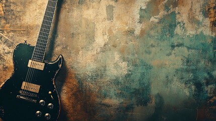 An isolated electric guitar on a rustic background, copy space for text