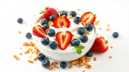 A bowl of creamy yogurt topped with fresh blueberries, strawberries, and crunchy granola, nutritious, fruit, yogurt, morning