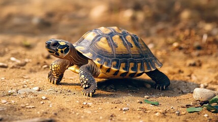 Obraz premium Turtle Walking Slowly on Sandy Beach with Calm Ocean in Background