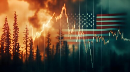 Burning Forest Overlaid with Crumbling Graph and American Flag