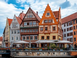 Fototapeta premium Colorful European buildings line a canal on a partly cloudy day in Europe