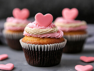 Delicious cupcakes with heart decorations, perfect for Valentine Day