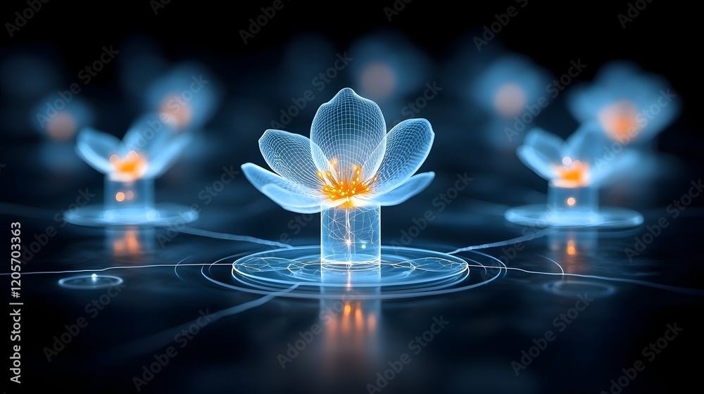 Poster Mesmerizing glowing floral patterns on a serene black background showcasing an elegant digital design  The composition creates a captivating and tranquil atmosphere