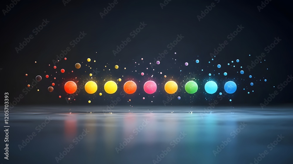 Poster Enchanting glowing rainbow colored bubbles floating in a captivating dark space backdrop creating a whimsical and dreamlike atmosphere