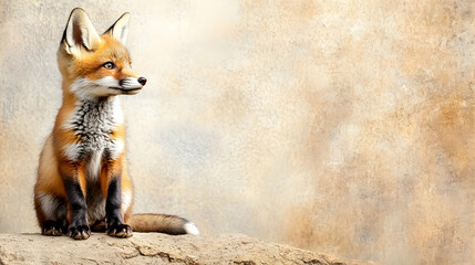 Obraz premium Adorable Young Fox Sitting on Rock with Soft Background Texture
