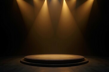 Podium with golden light lamps background with rays and sparks