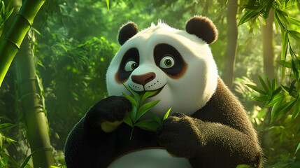 Cute panda munching on bamboo in a vibrant green forest scene
