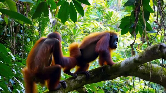 Mother and baby Orang Utan in the rainforest of Borneo