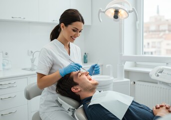 female dentist with her patient in a clinic background, wearing white uniform