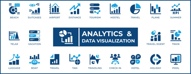 Analytics  Icon Set. Features editable icons for diagram, forecasting, graph, performance, report, statistic, pie chart, analysis, infographic, and growth.