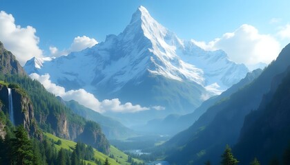 Obraz premium Majestic Swiss Alps Mountain Landscape: Breathtaking View of Snow-Capped Peaks and Lush Valley