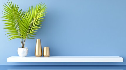Fototapeta premium Modern Home Decor White Shelf Gold Vases Palm Plant Blue Wall