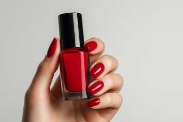 Elegant red nails showcase a glossy nail polish bottle against a clean white backdrop, emphasizing beauty and style in a vibrant display