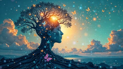 A surreal artwork featuring a woman’s profile with a glowing tree, butterflies, and cosmic elements, symbolizing creativity, imagination, and freedom in a dreamlike celestial landscape