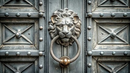A close-up of a gray metal door with a large iron knocker in the shape of an animal head, industrial, decorative, entrance, gray metal door