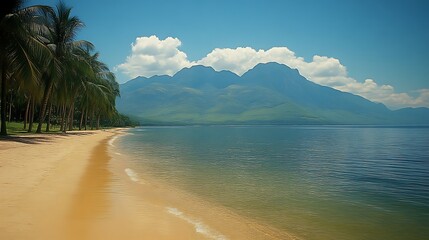 Naklejka premium Serene Tropical Beach Scene With Majestic Mountains
