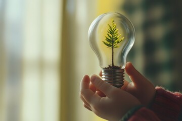 Tender Tree Seedling Growing Inside Transparent Light Bulb Held by Child s Hands Symbolizing Hope