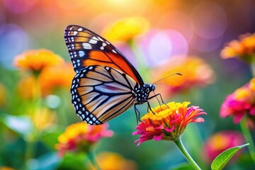 A close-up shot of a butterfly perched on a colorful flower, with a blurred background, insects on flowers, insects, color photography, macro photography