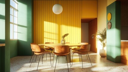 Fototapeta premium Sunlit Yellow Green Dining Room Interior Design