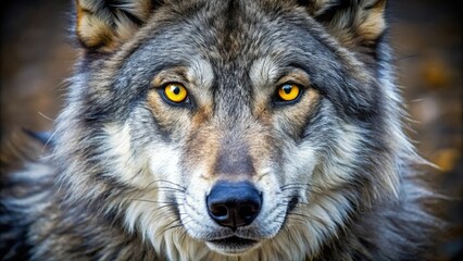 Fototapeta premium A close-up shot of a wolf's face with piercing yellow eyes staring directly at the camera, animal, eyes, animal behavior, texture, fur