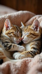 Two adorable kittens, one Bengal and one orange tabby, snuggled together on a soft pink blanket. Their peaceful expressions and cozy setting radiate warmth, love, and companionship.
