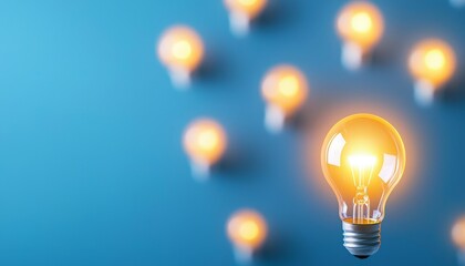 A bright light bulb stands out among dimmer ones against a blue background, symbolizing creativity and innovation.