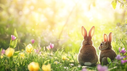 Two adorable bunnies sit in a sunlit meadow surrounded by vibrant spring flowers basking in warm light