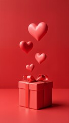 A red gift box with a satin ribbon sits on a red surface while pink and red 3D hearts float above it, symbolizing love and celebration. The composition conveys warmth and affection.