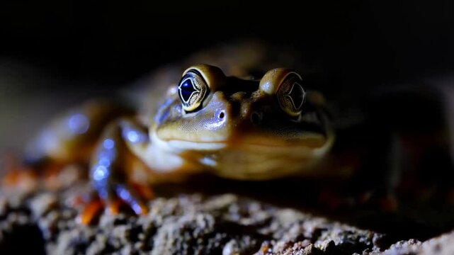 Amazing frog blinks eyes, stirs nostrils, macro. Beautiful ground toad close-up, night shot. Natterjack breathing and looking at camera. Dark background.