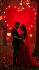 A romantic couple embraces under a large glowing heart in a dreamy forest setting. Both dressed in red, they are surrounded by scattered red petals and soft heart-shaped bokeh, creating a magical atmo