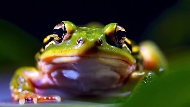 Amazing frog blinks eyes, stirs nostrils, macro. Beautiful ground toad close-up, night shot. Natterjack breathing and looking at camera. Dark background.