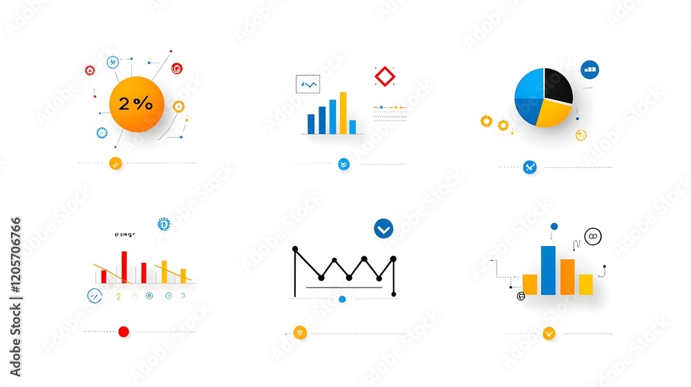 Fototapete Collection of 6 minimalistic line icons featuring metrics analysis data reports and growth graphs with arrows  bar charts  and pie charts  Clean  sharp visuals with a modern  abstract