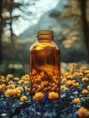 A glass bottle filled with capsules surrounded by vibrant flowers in a natural setting.