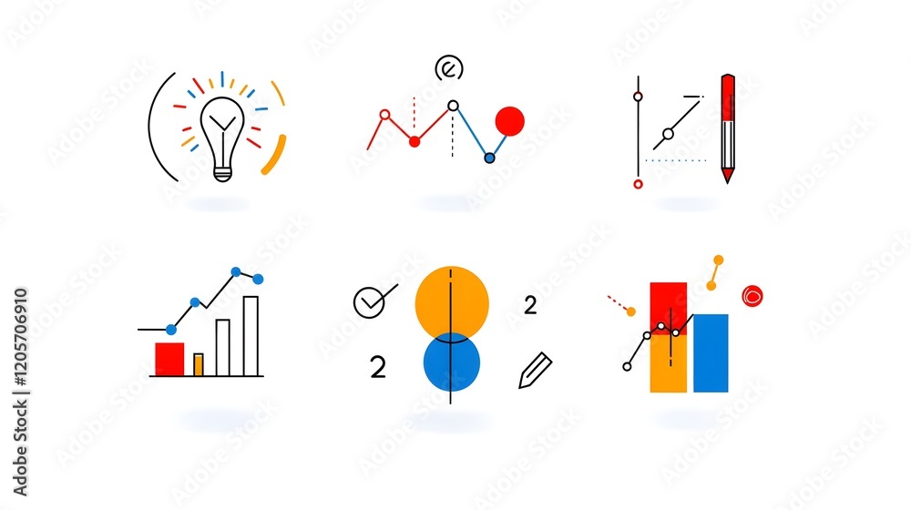 Fototapete Set of 6 clean and sharp line icons highlighting various data visualization and growth analysis elements including minimalistic bar graphs line charts