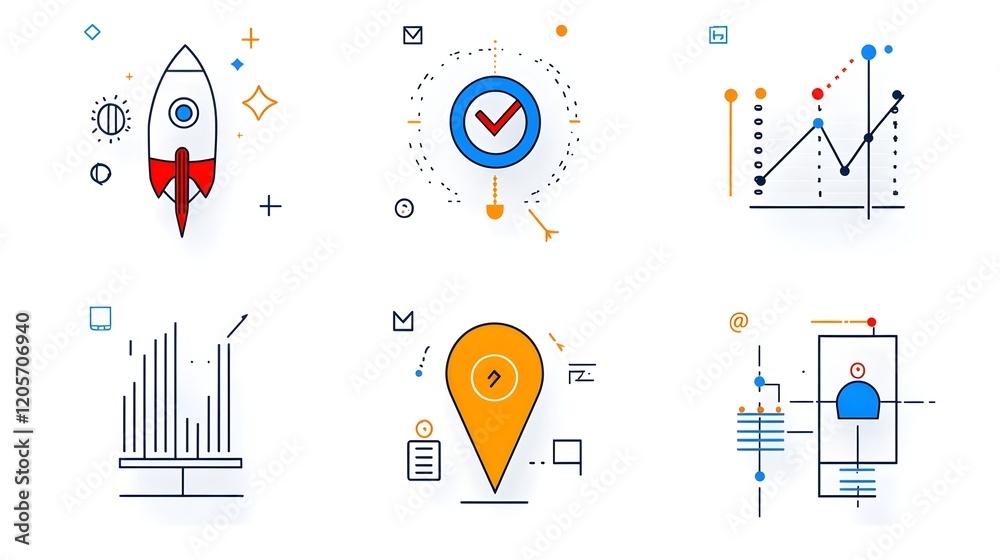Poster Sleek and Geometric Line Art Icon Collection Focused on Data Optimization Metrics Analytics and Visualization Concepts for Business Finance and Management