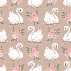 \Seamless pattern with swans princesses and flowers on beige background. Cute background for decorating children's bedroom