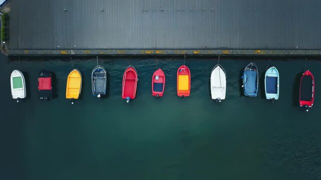 colorful boats lined along the dock in calm water