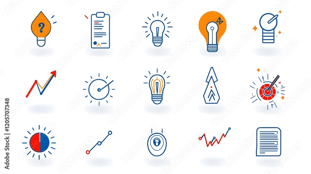 Poster Six unique linear icons emphasizing growth and data tracking with visuals like progress bars graphs and pie chart Clean and modern art with a 16 9 aspect