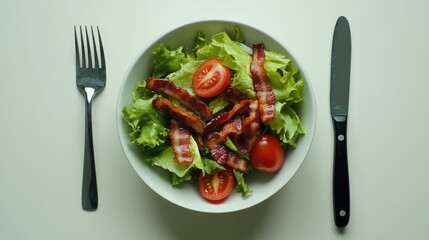 A vibrant salad in a white bowl, featuring an assortment of fresh greens,