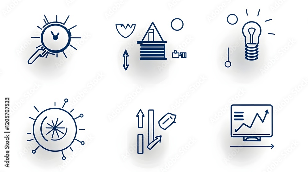 Fototapete Set of 6 professional line icons for data visualization performance tracking and growth analysis featuring bar graphs pie charts and arrows in a clean and modern style