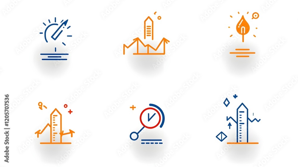 Poster Set of 6 professional line icons designed for data visualization performance tracking and growth analysis  Featuring bar graphs pie charts and arrows to represent statistics reports