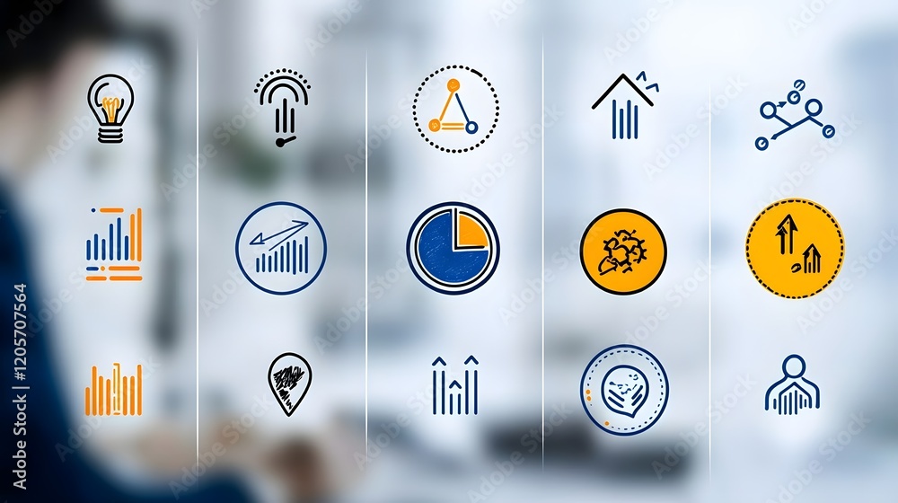 Poster Set of 6 professional line icons for data visualization performance tracking and growth analysis featuring bar graphs pie charts and arrows in a 16 9 aspect