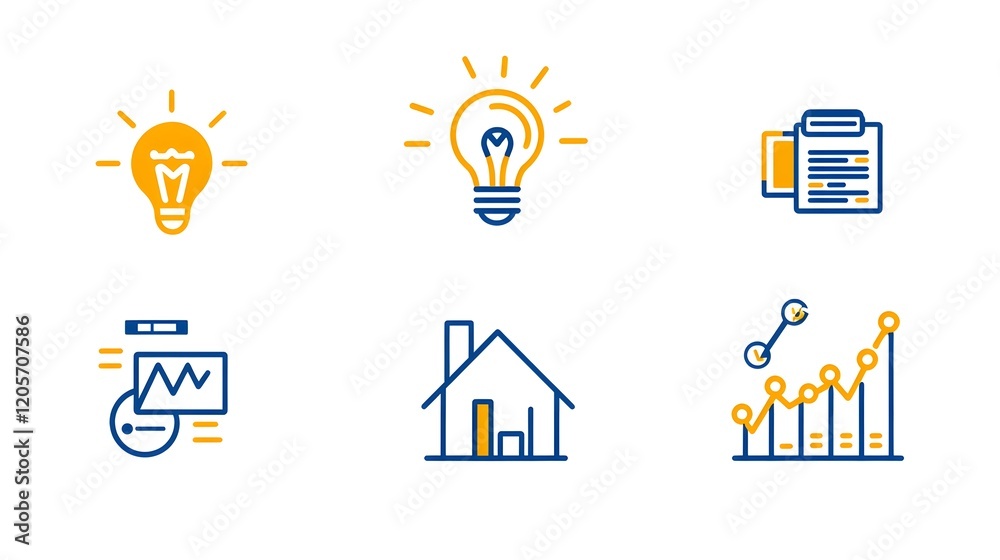 Poster Set of six minimalist modern linear icons focusing on data optimization analysis charts and growth tracking in a simple crisp line style  Useful for infographics business analytics finance reporting