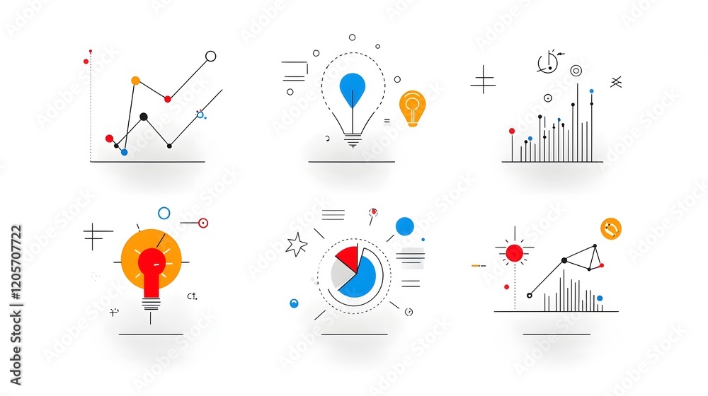 Fototapete Clean and sharp set of 6 line icons emphasizing data growth tracking visualization and optimization charts with simple crisp visuals