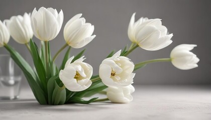 Elegant white tulips on a pale gray background with soft shadows, garden, contrast