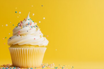 A perfectly frosted cupcake with yellow icing, styled with sprinkles and a sunny yellow background
