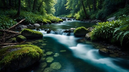 Obraz premium A clear, sparkling stream flowing through a lush forest, symbolizing purity, life, and the importance of clean water.