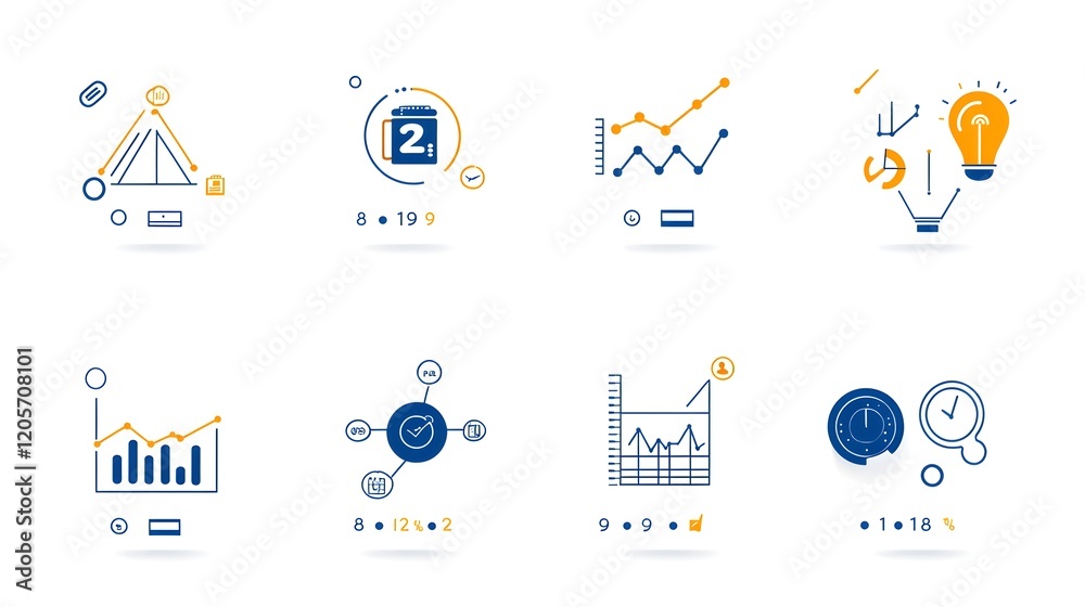 Leinwandbilder This image features a collection of 6 linear icons focused on data optimization and growth analysis  The icons showcase various elements like metrics reports  graphs