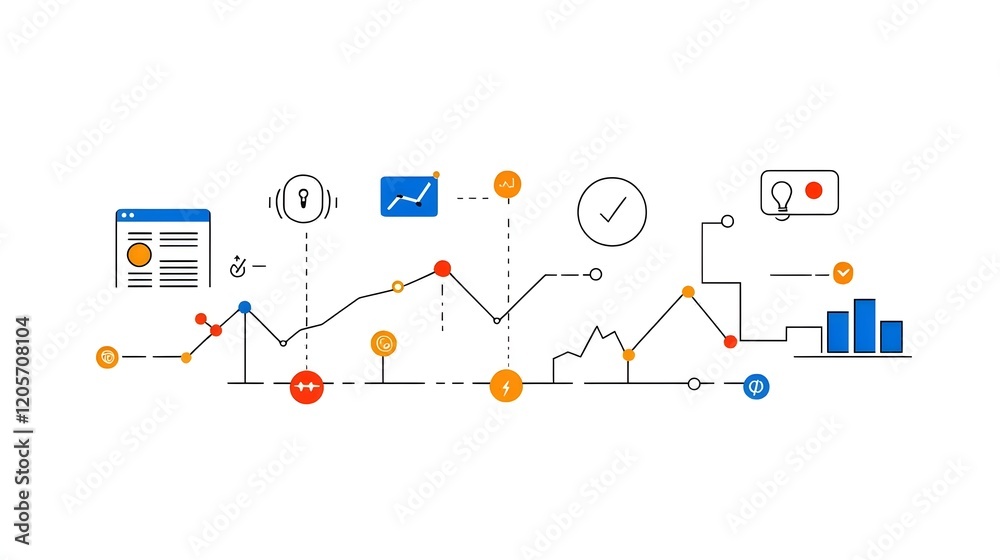 Poster Collection of 6 linear icons focused on data optimization and growth analysis featuring icons for metrics report graphs and data visualization in a simple line style