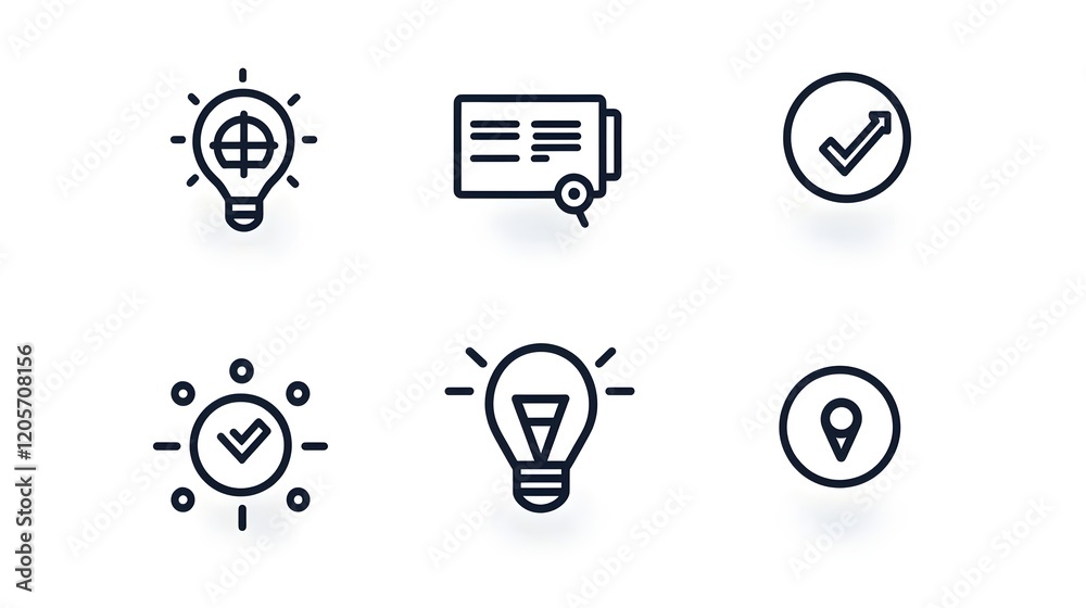Poster Comprehensive set of linear business icons designed to represent key concepts such as teamwork growth target goals and innovation  These simple graphics are created for use in web interfaces